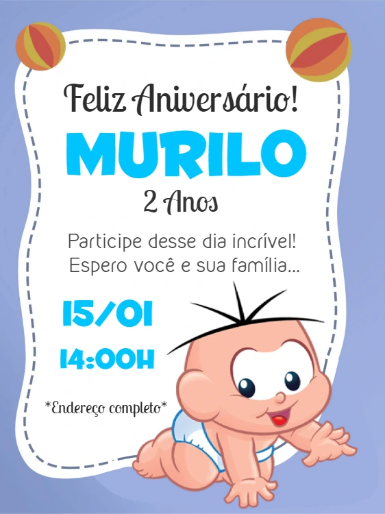 Convite Aniversário Turma da Mônica Bebê para Editar Online