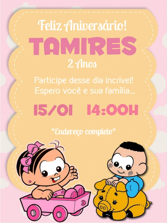 Convite de Aniversário Turma da Mônica Bebê para Editar Online