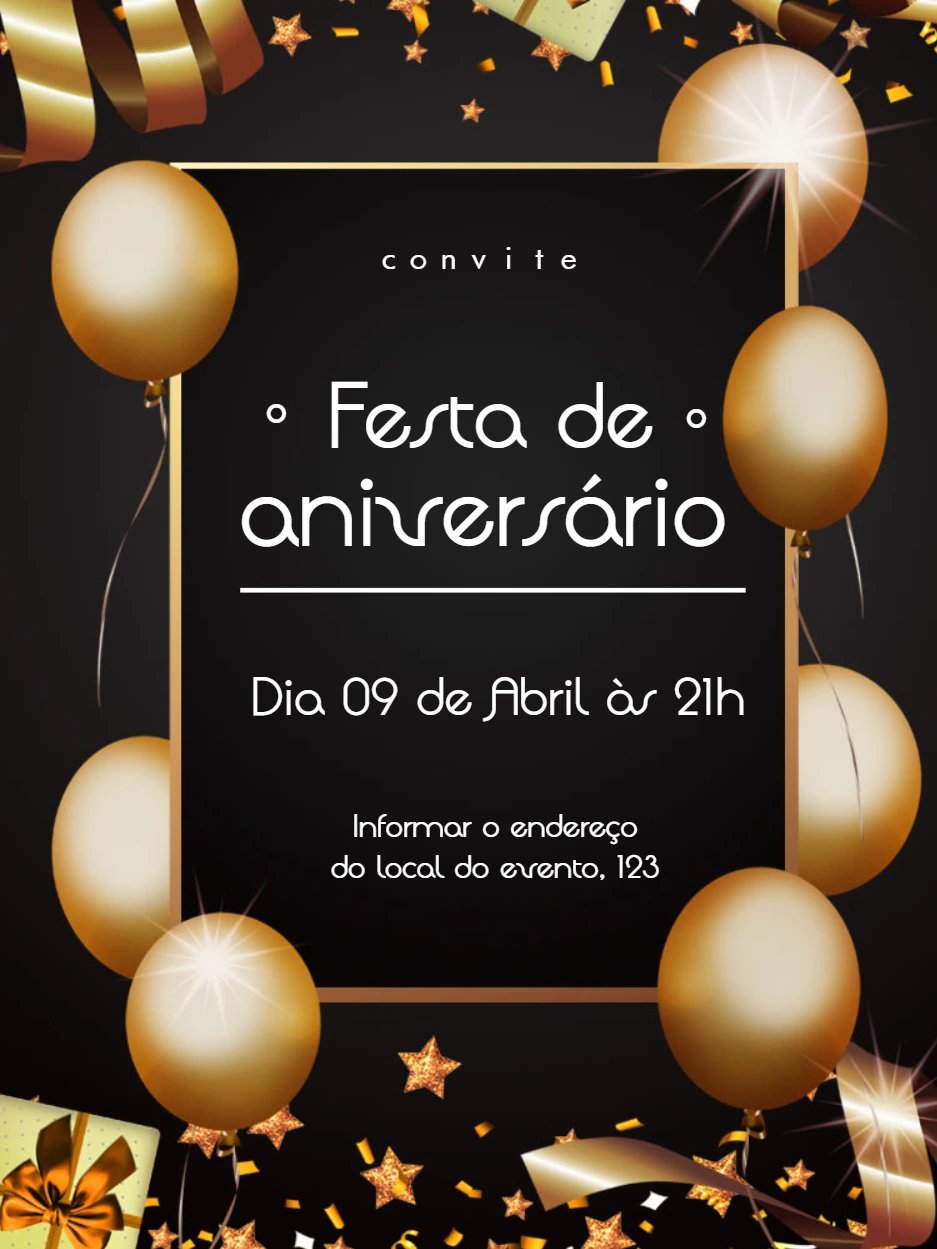 Convite de Aniversário Preto e Dourado Elegante Editável Online