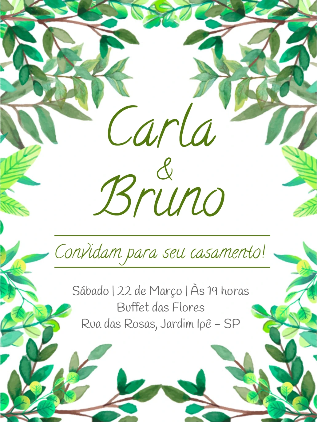 Convite de Casamento Folhagem Verde para Editar Online