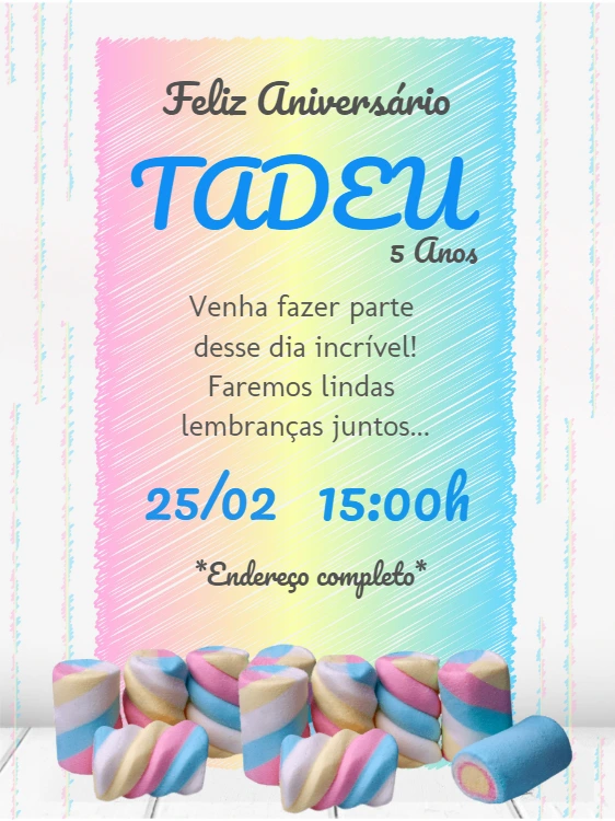 Convite de Aniversário Marshmallow Colorido para Editar Online