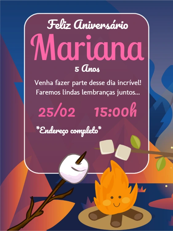 Convite de Aniversário Acampamento com Marshmallow para Editar