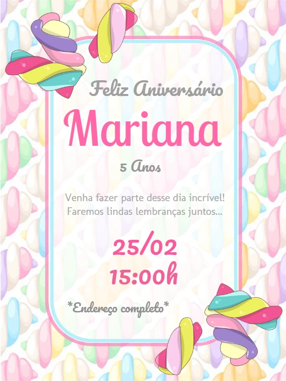Convite de Aniversário Marshmallow Colorido para Editar Online