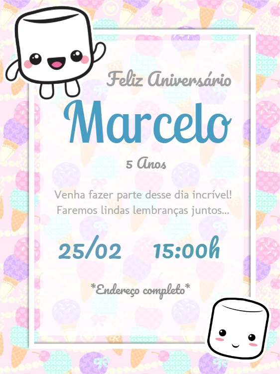 Convite Aniversário Marshmallow Fofo para Editar Online