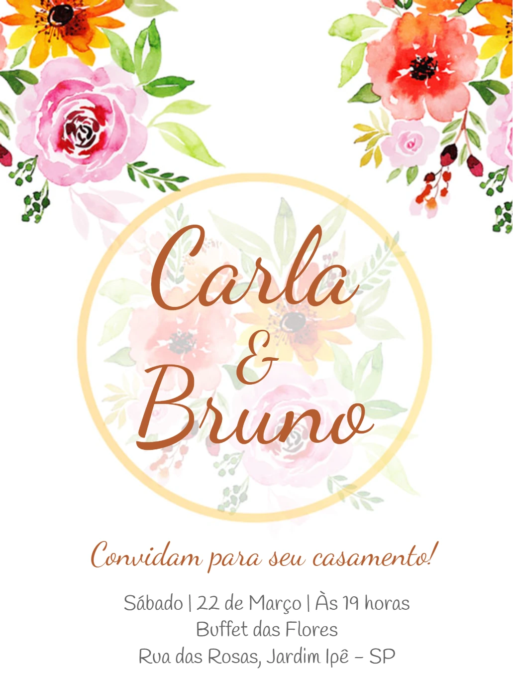 Convite de Casamento Floral Aquarela para Editar Online