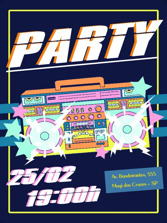 Convite de Aniversário Balada Retrô com Boombox para Editar