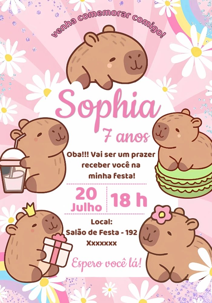 Convite de Aniversário Capivara Fofa para Editar Online