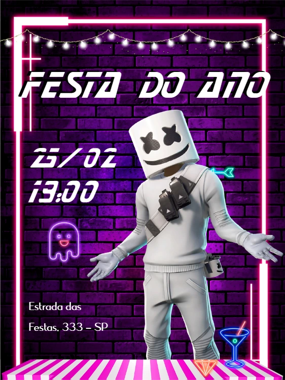 Convite Aniversário DJ Marshmallow Neon para Editar Online