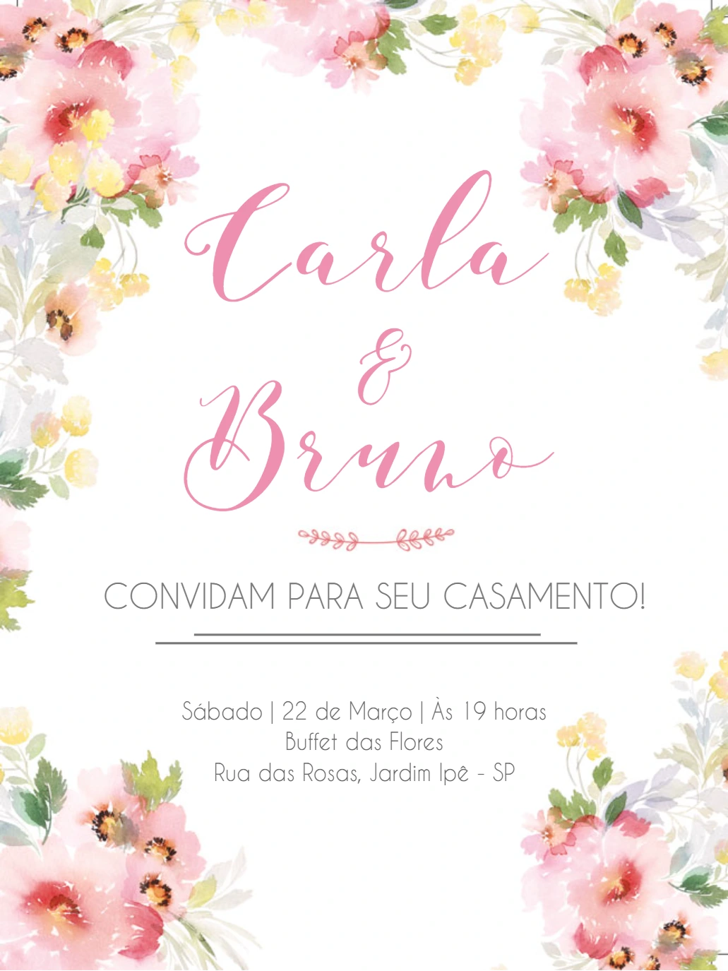 Convite de Casamento Floral Aquarela Rosa para Editar Online
