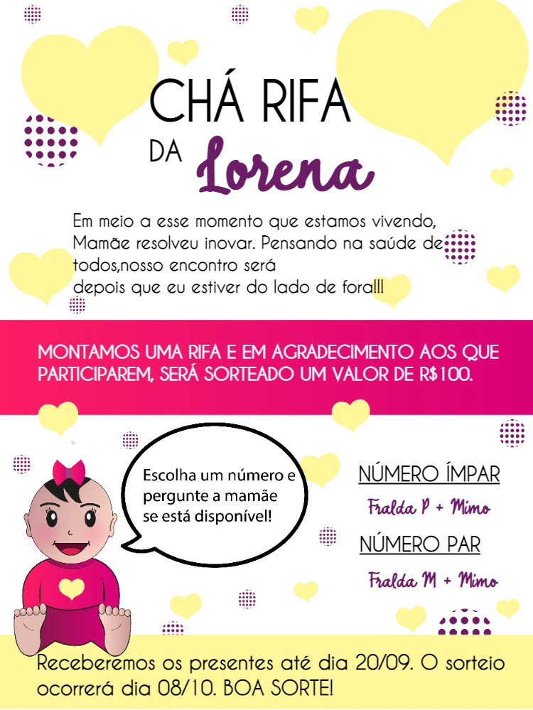 Convite Chá Rifa Menina com Corações para Editar Online