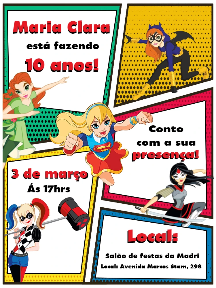 Convite de Aniversário Super Hero Girls para Editar Online