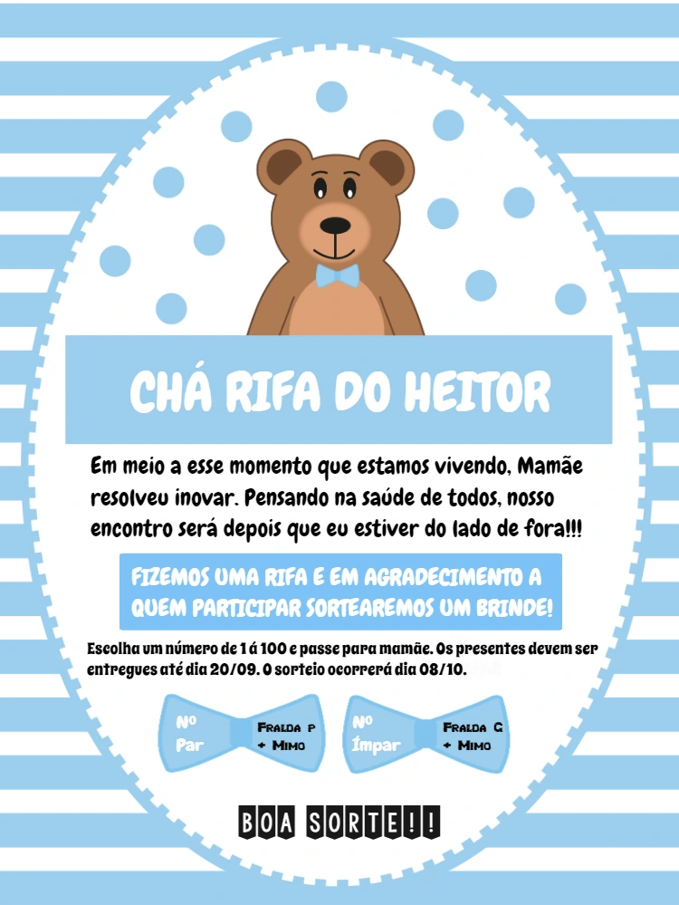 Convite Chá Rifa Ursinho Menino para Editar Online