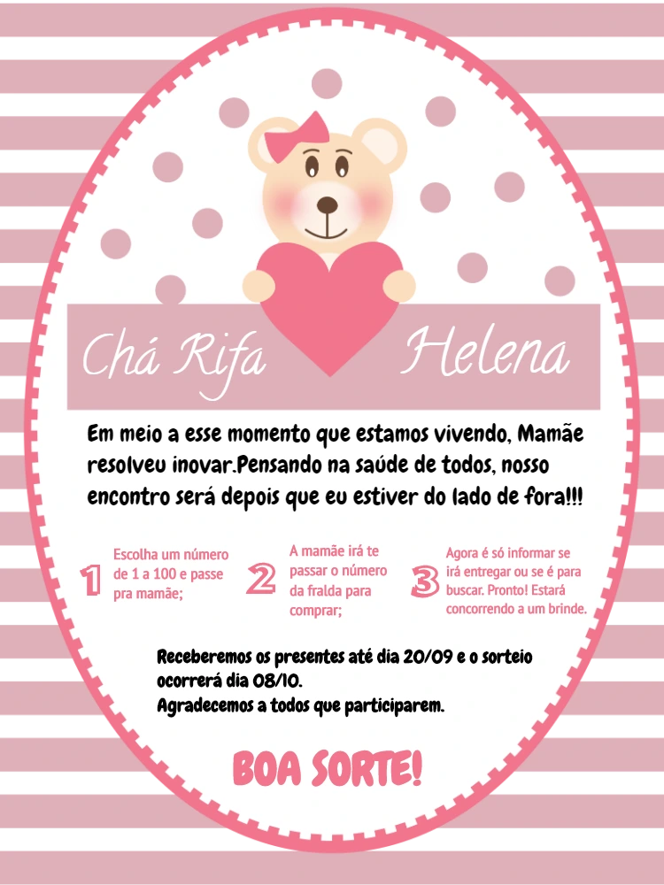 Convite Chá Rifa Ursinha Rosa para Editar Online