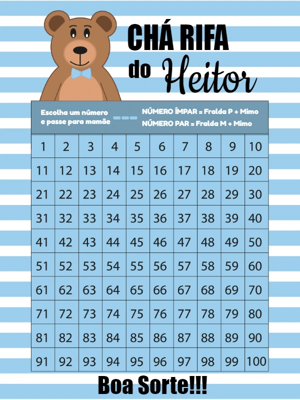 Chá Rifa Ursinho Menino: Edite Online e Imprima em Casa