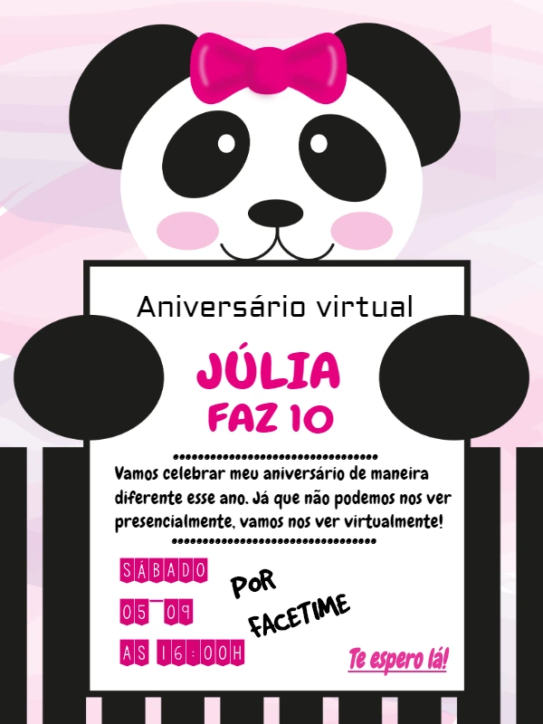 Convite de Aniversário Virtual Panda Rosa para Editar Online