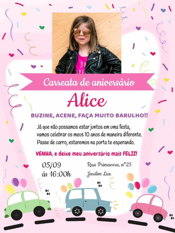 Convite Carreata de Aniversário com Foto de Menina para Editar