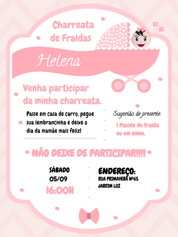 Convite Charreata de Fraldas Menina Carrinho para Editar Online