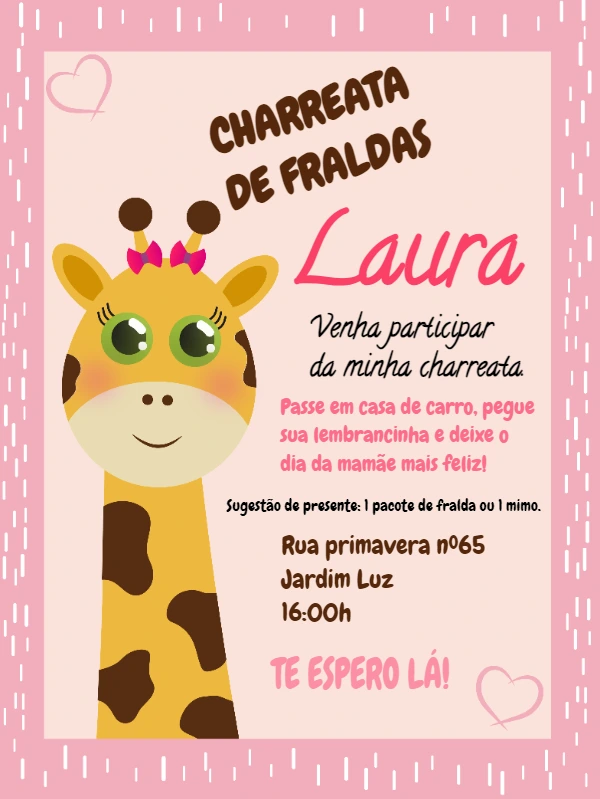 Convite Charreata de Fraldas Girafa Rosa para Editar Online