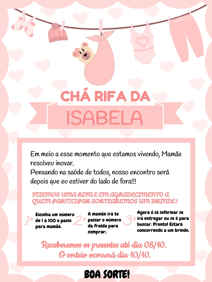 Convite Chá Rifa Ursinha Menina para Editar Online