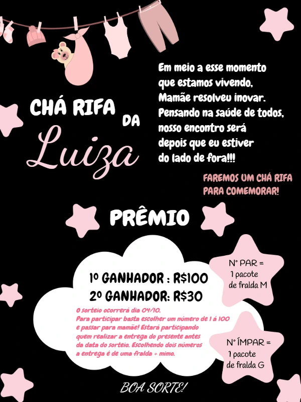 Convite Chá Rifa Menina com Varal de Roupas para Editar Online