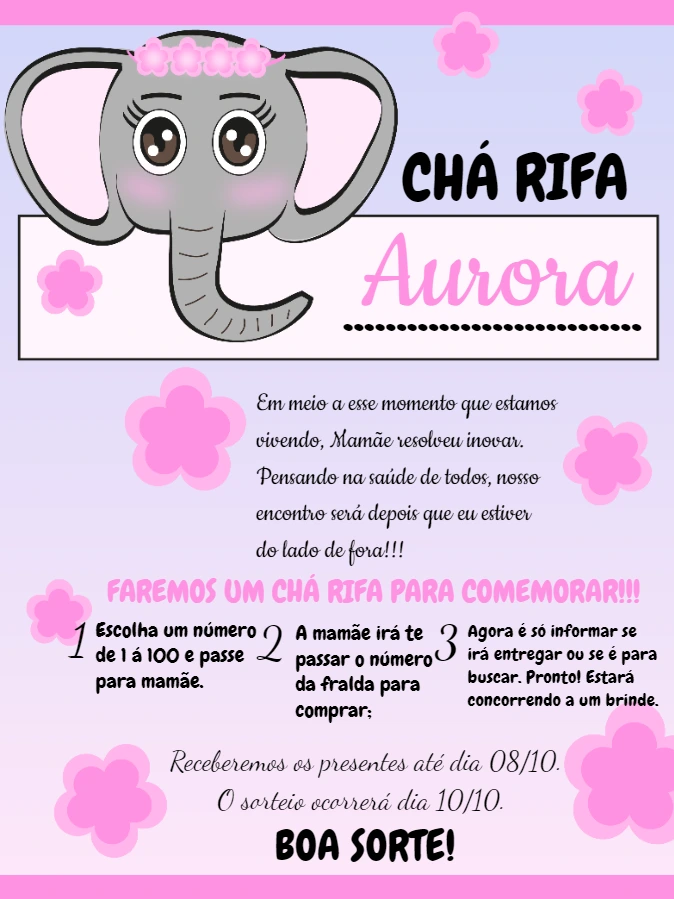 Convite Chá Rifa Elefantinha Rosa para Editar Online