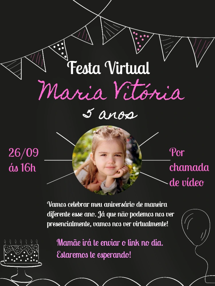 Convite Festa Virtual Quadro Negro com Foto para Editar Online