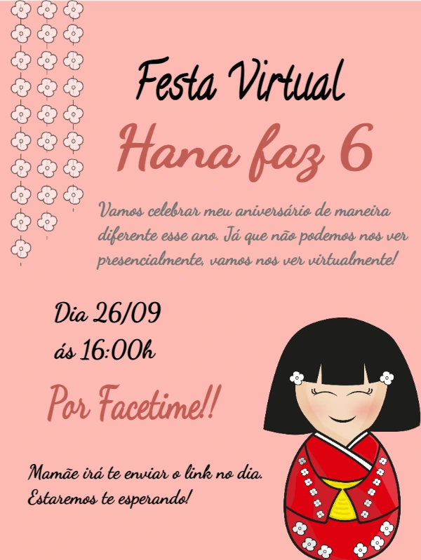 Convite Aniversário Kokeshi Menina para Editar Online