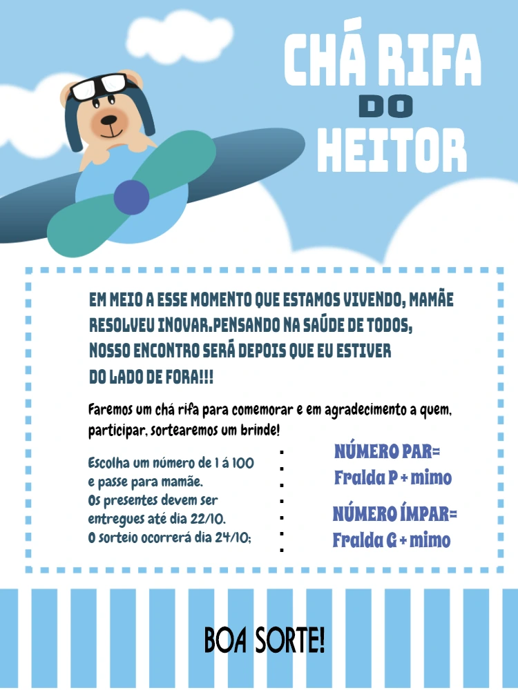 Convite Chá Rifa Ursinho Aviador para Editar Online