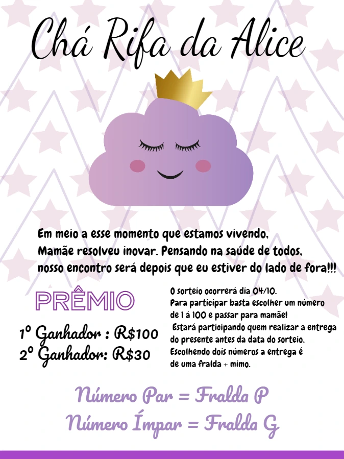 Convite Chá Rifa Nuvem com Coroa para Editar Online