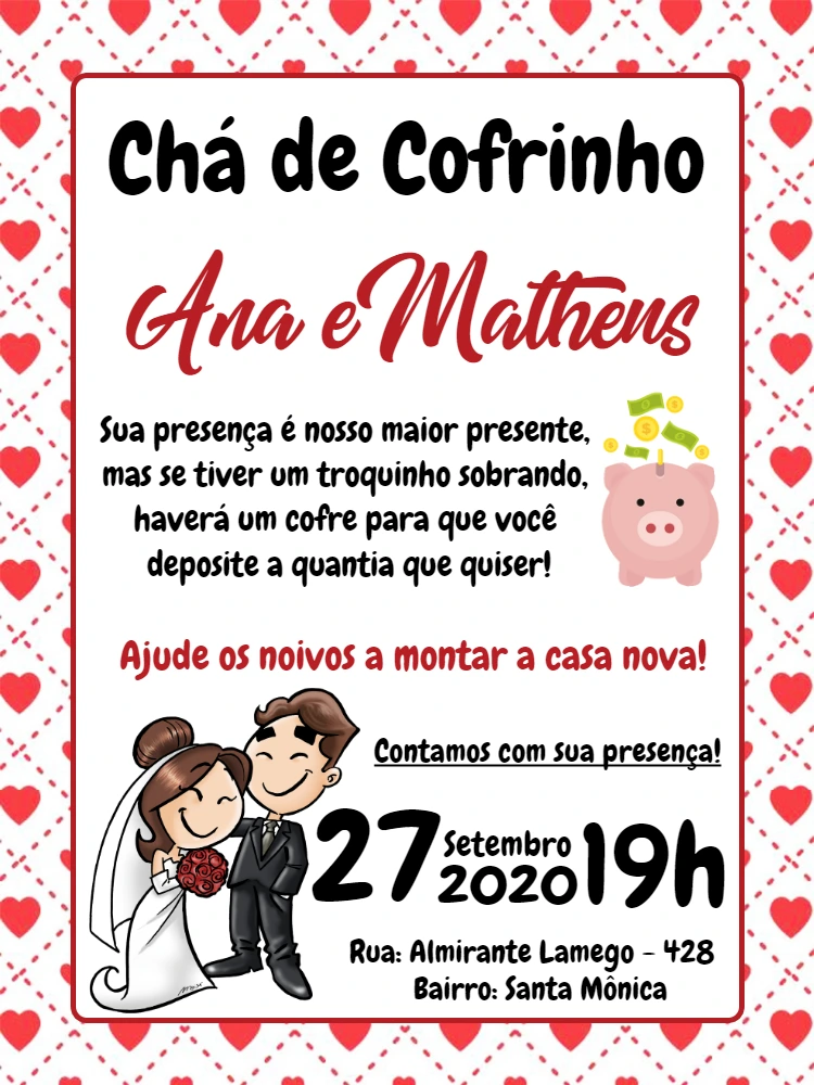 Convite Chá de Cofrinho Casamento com Noivinhos para Editar