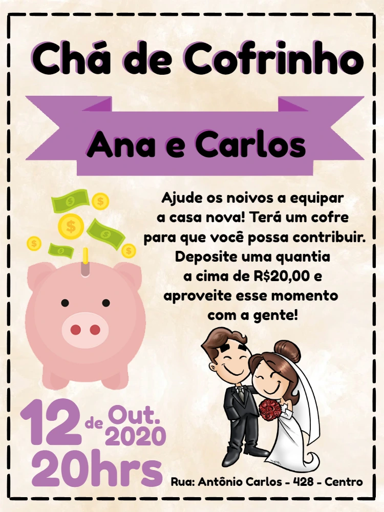 Convite Chá de Cofrinho com Noivinhos para Editar Online