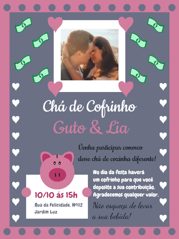 Convite Chá de Cofrinho com Foto para Editar Online