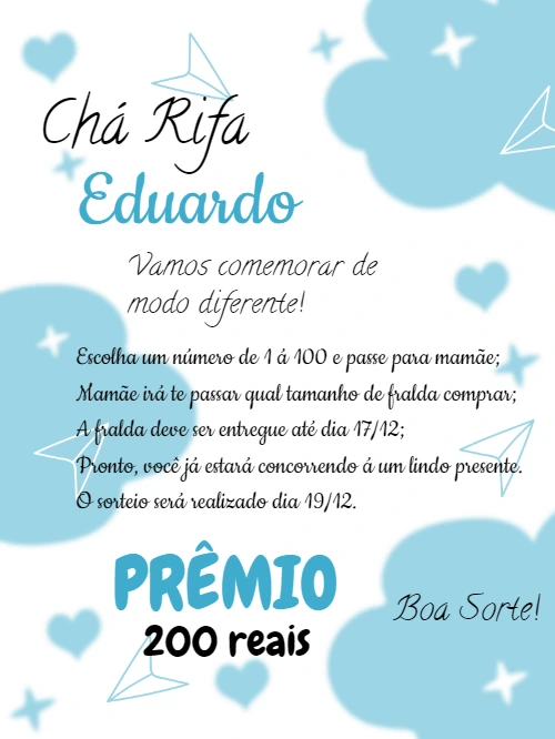 Convite Chá Rifa Menino Tema Nuvem para Editar Online