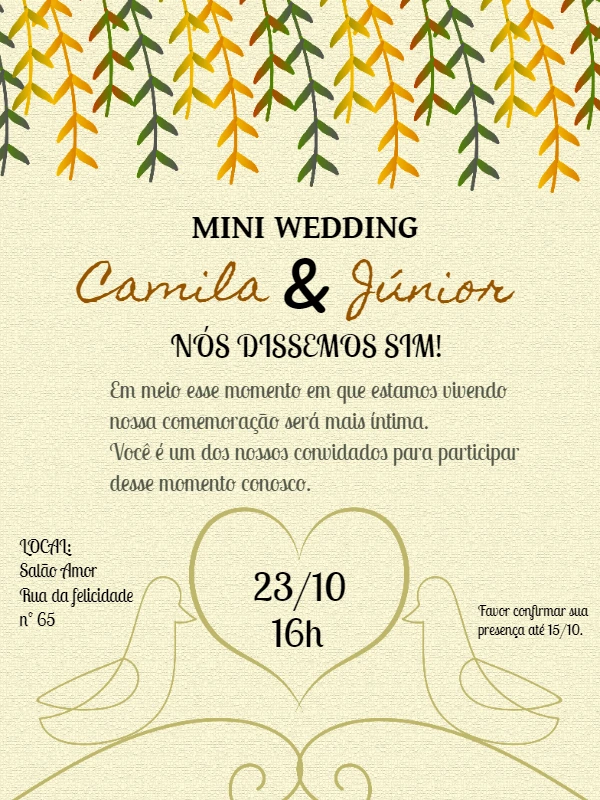 Convite Mini Wedding Rústico com Folhas para Editar Online