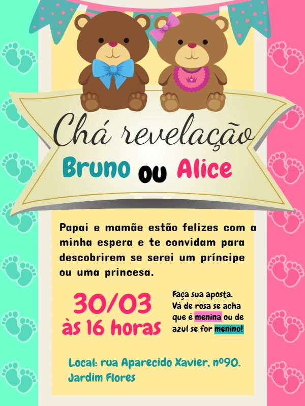 Convite Chá Revelação Ursinhos para Editar Online
