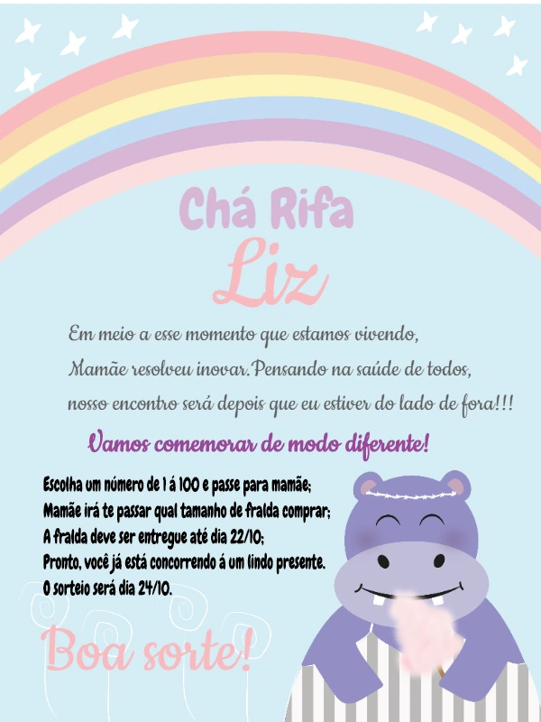 Convite Chá Rifa Arco-Íris com Hipopótamo para Editar