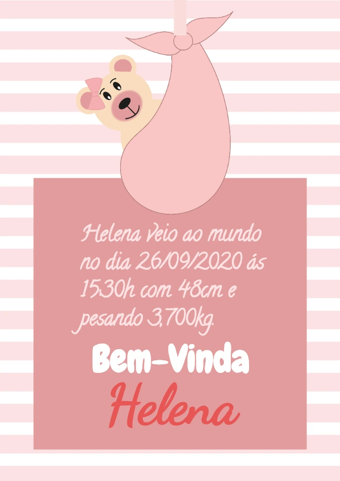 Quadro Nascimento Bebê Ursinha Rosa para Editar Online