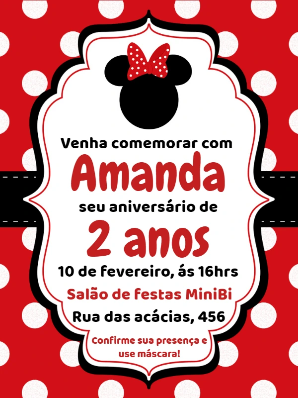 Convite de Aniversário Minnie Mouse Vermelha para Editar