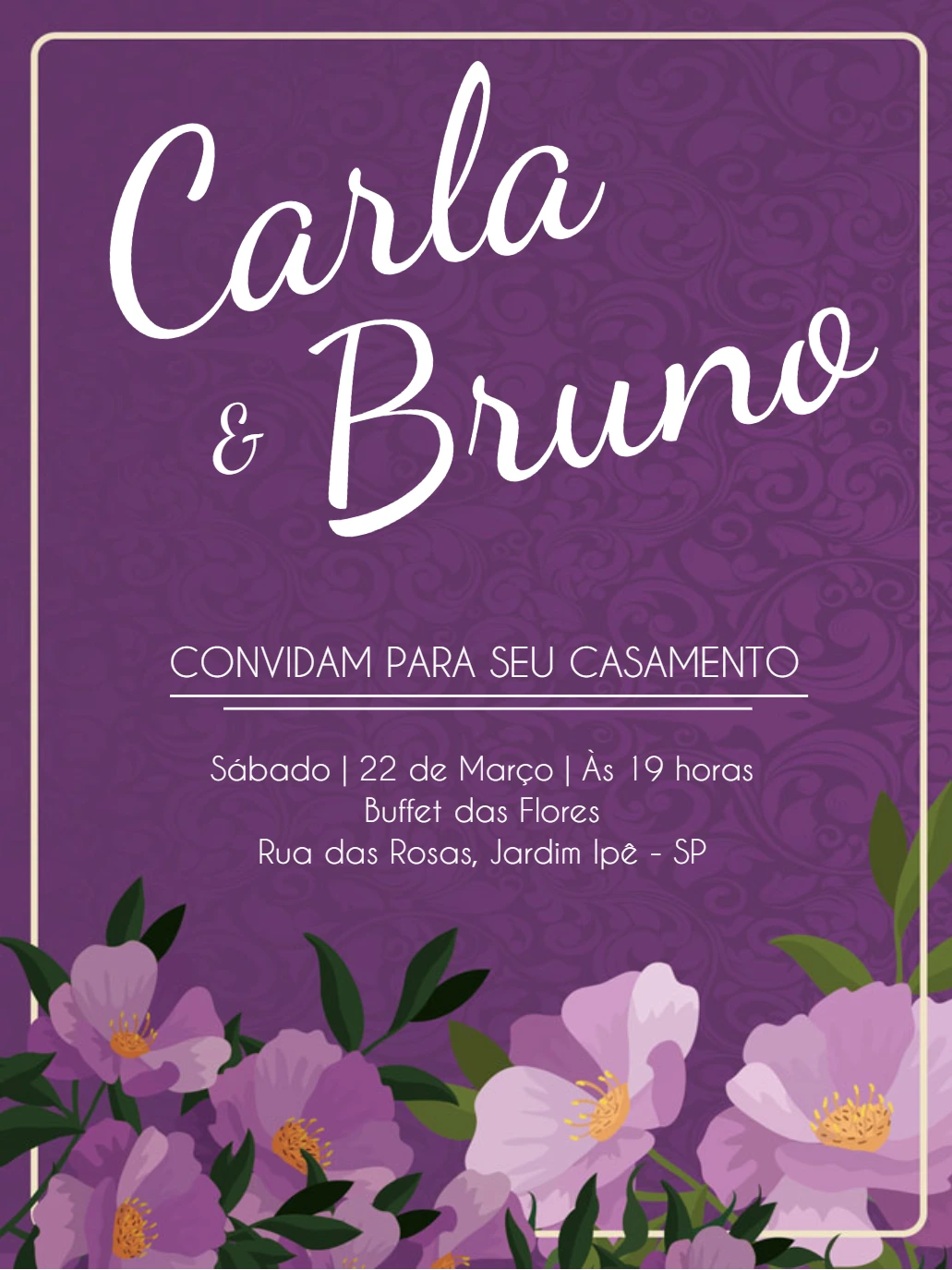Convite de Casamento Floral Roxo e Lilás para Editar Online