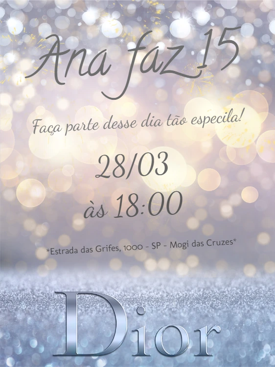 Convite de 15 Anos Grife Luxo com Glitter para Editar Online