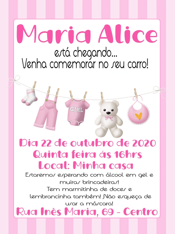 Convite Chá de Bebê Ursinha Rosa e Varal para Editar Online