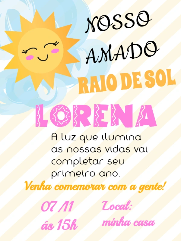 Convite Aniversário Raio de Sol para Editar Online e Imprimir