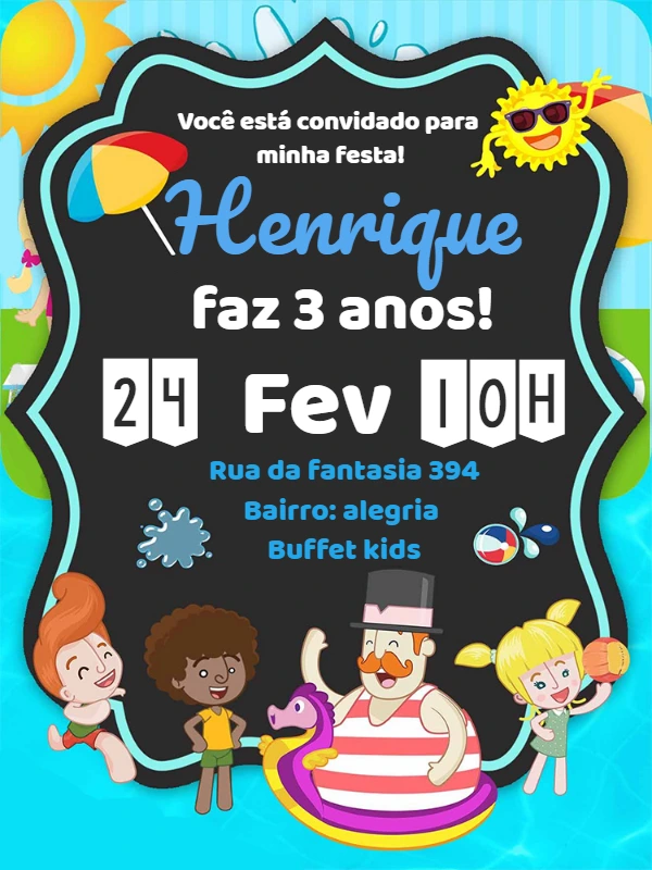 Convite de Aniversário Mundo Bita Praia para Editar Online