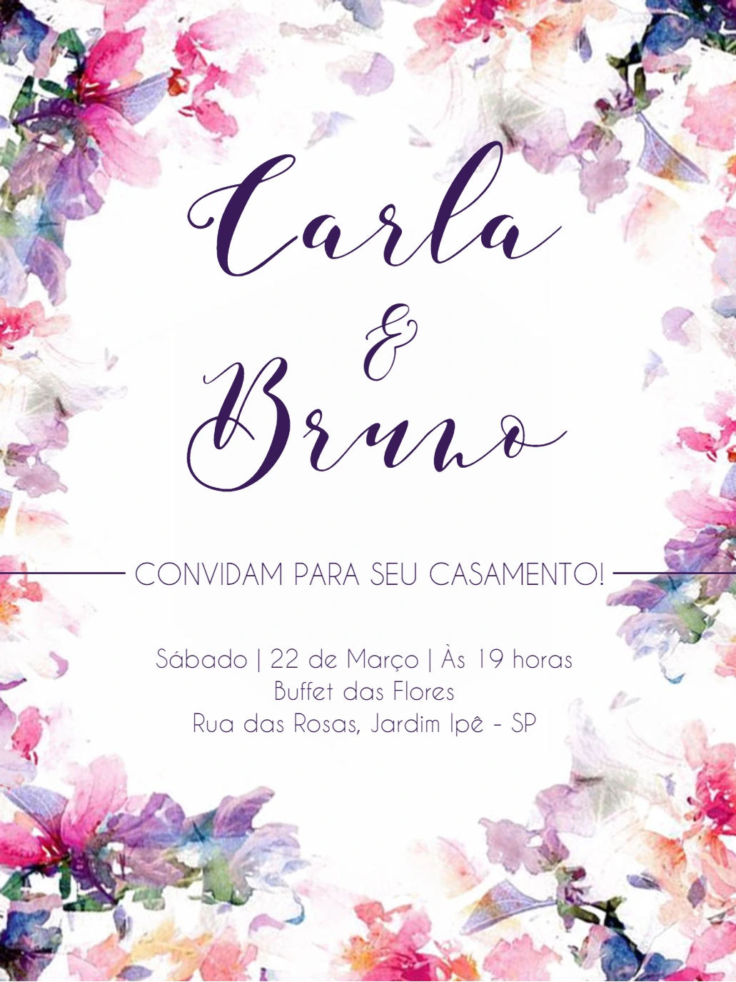 Convite de Casamento Floral Aquarela para Editar Online