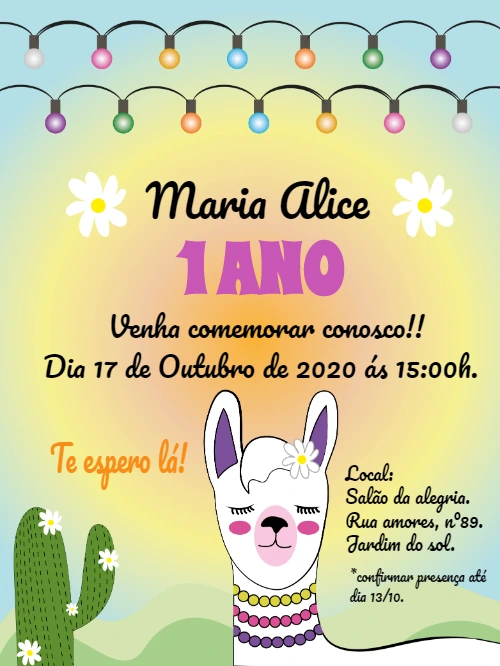Convite de Aniversário Lhama e Cactos para Editar Online