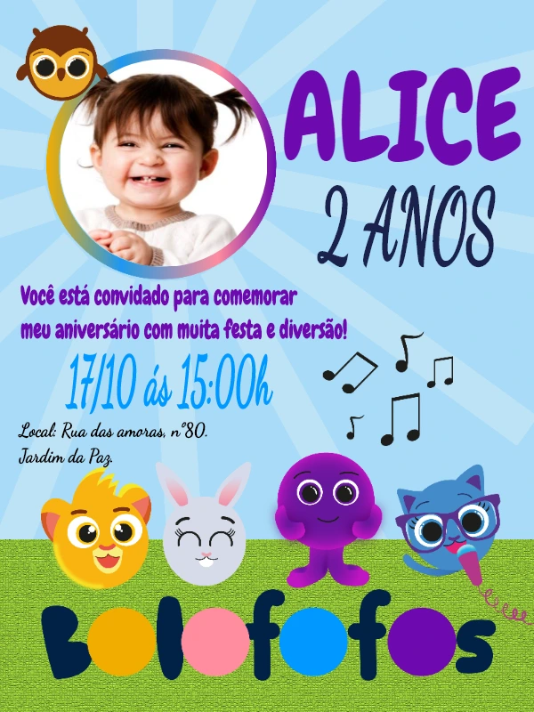 Convite Aniversário Bolofofos com Foto para Editar Online