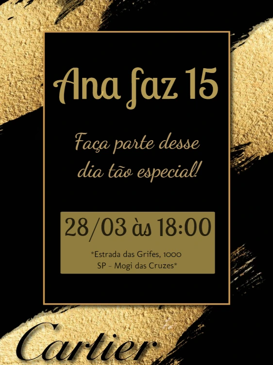 Convite 15 Anos Estilo Grife Dourado e Preto para Editar