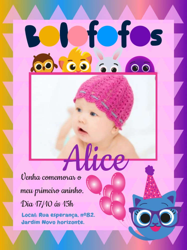 Convite Aniversário Bolofofos com Foto para Editar Online