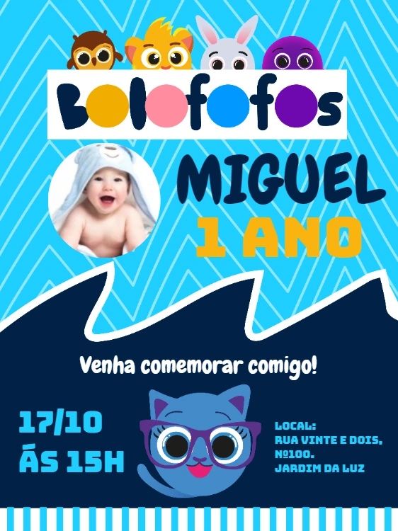 Convite Aniversário Bolofofos com Foto para Editar Online