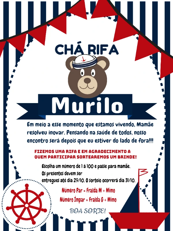 Convite Chá Rifa Ursinho Marinheiro para Editar Online